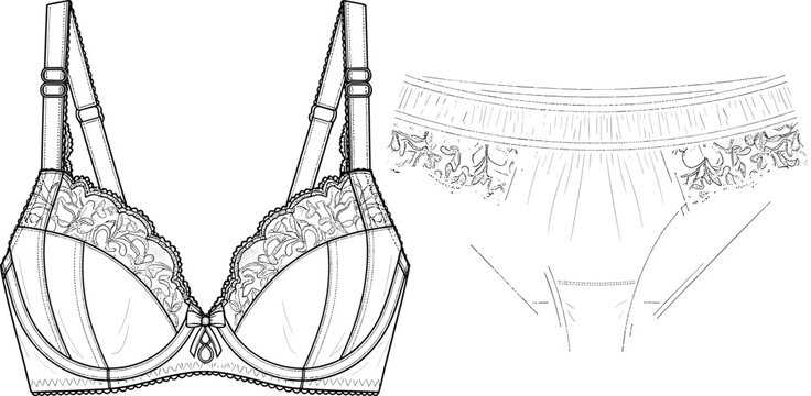 Women Elegant Lace Lingerie Set Featuring Underwire Bra and High Waist Panties Fashion Technical Sketch Vector Illustration for Apparel Design