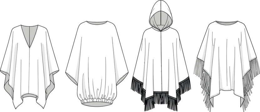 Women Fashion Poncho and Cape Collection Technical Sketch Vector Illustration Featuring Hooded Fringe and V-Neck Styles for Design Tech Packs