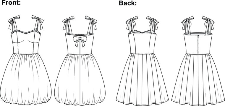Women Summer Fashion Dress Collection Technical Sketch Vector Illustration Set Featuring Bow Tie Straps Bubble Skirts and Pleated Fit Flare Designs