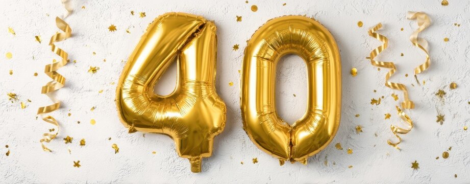 The Gold Number Forty Balloons On White Textured Wall With Confetti