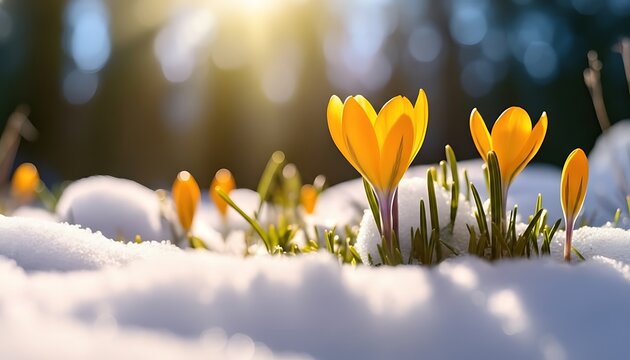 Yellow crocus flowers blooming through the snow in a sunny forest