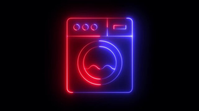 Glowing neon Washing machine icon isolated on black background. Clothes washer - laundry machine. Home appliance symbol. 4k video animation.