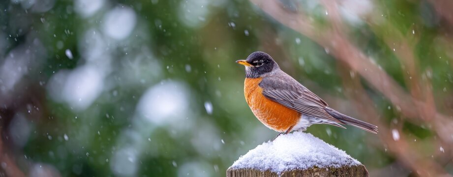 The American Robin Perched on a Snow Covered Post in Winter Landscape