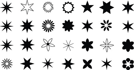 Set of silhouette vector star icons, sparkle symbols, flower shapes, and geometric decorative elements isolated on white background for graphic design,