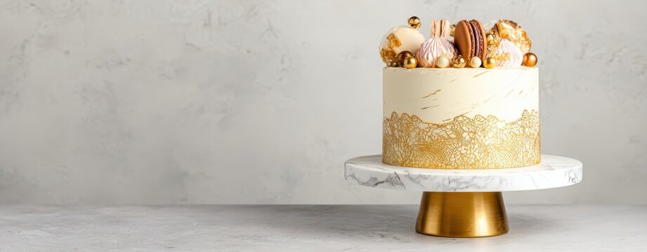 The cake on marble stand with gold accents and elegant dessert decorations