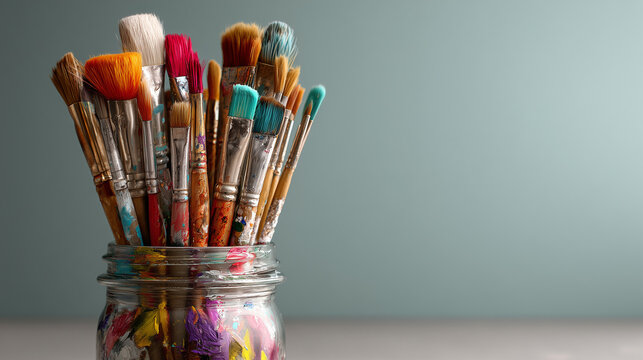 Small glass jar filled with assorted paintbrushes handles up, some stained with dried paint, seamless light grey backdrop, clean studio lighting

