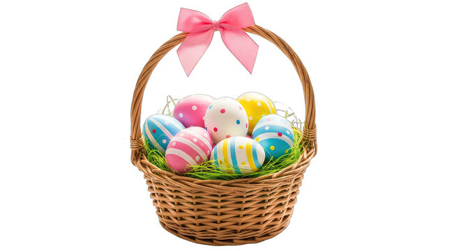 Easter basket with colorful eggs isolated on transparent background