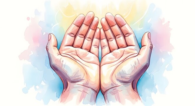 Open hands cupped upwards prayer or supplication against watercolor background yellow and blue soft color splashes symbolizing hope and spirituality gentle greeting