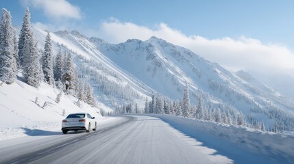 a car speeding down a snowy road surrounded