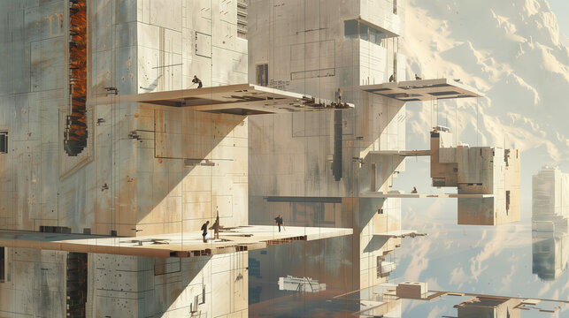 Mega-Structure Architecture Concept Art with People and Mountains.