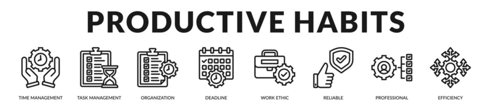 Productive habits banner emphasizing structured time discipline and consistent professional performance. in Lineal Icon Style