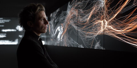 Young male researcher observing digital data visualization on large screens in a modern tech lab, with abstract light patterns and code displayed in the background