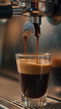 Espresso Shot Being Poured into Glass Cup.