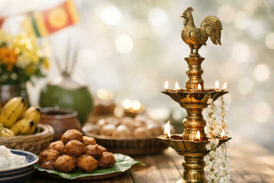 Close up of Sri Lankan sweets and brass lamp for Aluth Avurudu festival. Heritage and culture.