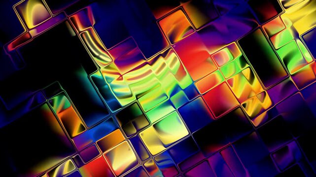 Colorful spectrum shiny chrome liquid glass blocks seamless loop. Geometric abstract 3D background.