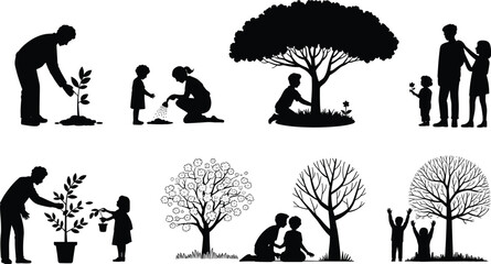 Family tree planting and seasonal growth silhouettes collection, parents and children gardening together outdoors, black vector illustration isolated on white background, sustainability concept