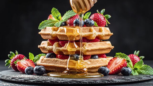 Stack of waffles drizzled with honey, topped with fresh strawberries, blueberries, and mint leaves on a dark surface