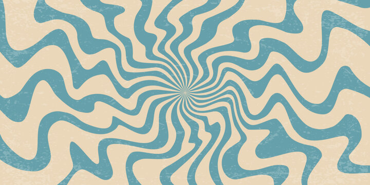 Groovy retro background with pattern of spiral psychedelic wavy rays. 70s swirl abstract vector sunburst design. Vintage funky radial poster. Striped playful blue circular bg