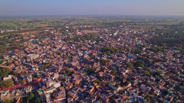 Aerial View of Barsana City During Holi Festival in Uttar Pradesh, India