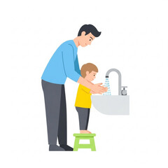Father helping child wash hands at sink while standing on stool  