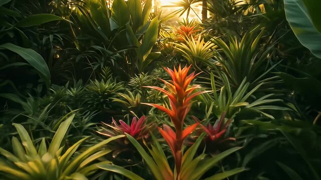 Sunlight streams through lush, dense tropical foliage, highlighting bright orange flowers