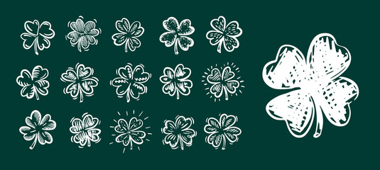 White Clover set on green, Saint Patricks Day, hand drawn illustrations.	
