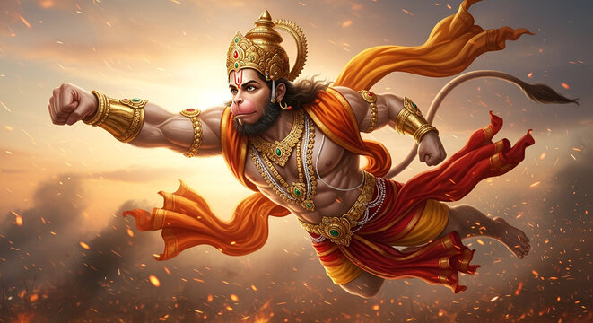 Hanuman flying powerful pose in sky with fire sparks divine hindu god warrior illustration for devotion strength courage and mythology concept art