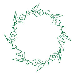 Obraz premium Whimsical floral circle frame with flowers and leaves. Hand drawn round illustration for invitation and greeting card