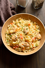 Pilaf with chicken meat, onion, carrots and basmati rice