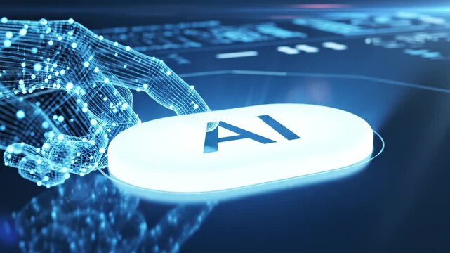 Wireframe robotic hand pressing ai button on futuristic digital interface
