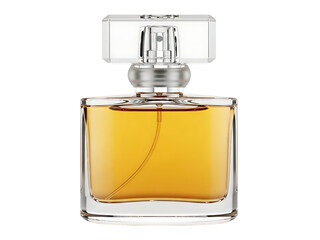 Elegant perfume bottle with golden liquid on white background