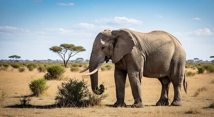 Fototapeta premium A majestic elephant standing alone in a dry savannah landscape with sparse trees and bushes under a clear blue sky
