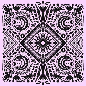 Black and pink witch handkerchief ornate pattern on a square background with floral designs and a central sun motif viewed for scarf, bandana slayer textile design 