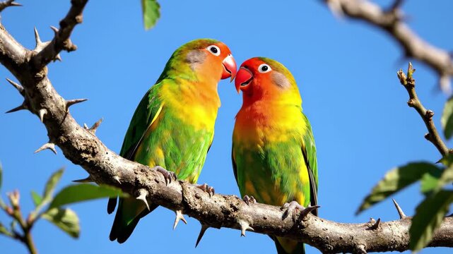 Two fischers lovebirds perching on a thorny branch against a clear blue sky