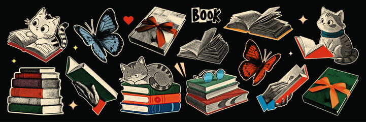 set of book Lover halftone collage art cutouts. cat reading, hands holding a book, Butterfly, Book With Flowers, Cat Sleeping on Books with grunge dot texture for scrapbook stickers making.
