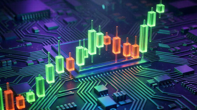 A 3D rendering of a stock market graph on a computer circuit board with green and orange bars rising