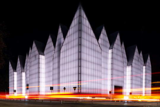 Filharmonia Im Mieczyslawa Karlowicza In Szczecin Illuminated At Night With Long Exposure Light Trails