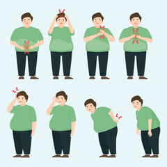 Obraz premium Vector illustration set of an overweight man suffering from various health symptoms including chest pain, headache, stomach ache, back pain, and exhaustion. Medical and lifestyle concept.