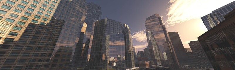 Skyscrapers, high-rise buildings from below against the background of the sky, cityscape, panorama of skyscrapers, 3D rendering © ustas