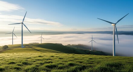 Obraz premium Scenic landscape featuring wind turbines in a misty valley under a clear blue sky