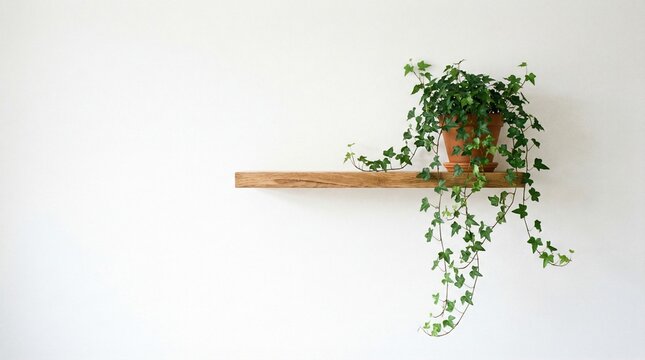 A lush green ivy plant in a terra cotta pot sits on a simple wooden shelf against a plain white wall