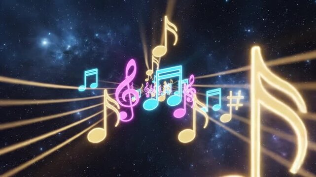 Neon musical notes and symbols floating in deep space, representing music's cosmic energy.