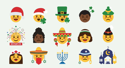 Fototapeta premium Diverse cultural emojis representing various global traditions and celebrations displayed together in a grid.