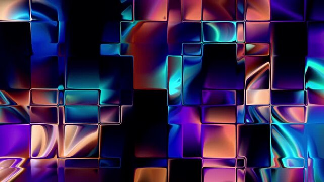 Glowing neon chrome glass blocks seamless loop. Geometric abstract 3D background.