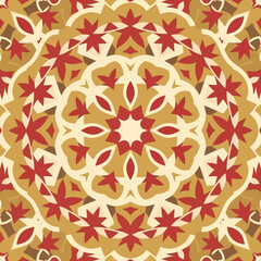 Intricate floral pattern in shades of red and gold, viewed from directly above, showcasing a symmetrical design