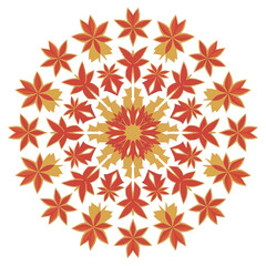 Vibrant autumn leaves arranged in a circular pattern forming a floral mandala design illustration