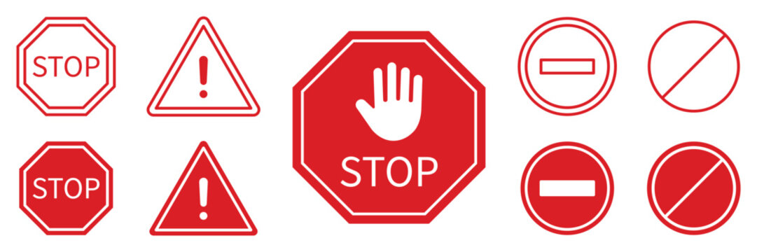 Stop sign icon set. Stop sign with hand, warning sign, attention, prohibition, danger, alert, and road sign symbol.