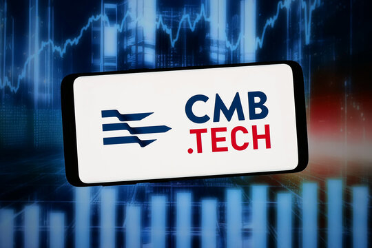Stuttgart, Germany - 02-12-2026: In this photo illustration, the logo of Belgian oil shipping company CMB.TECH NV is displayed on a smartphone in front of abstract background on computer screen.