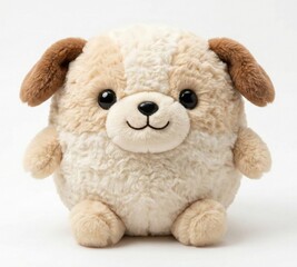 Obraz premium Soft beige plush baby doll toy sitting isolated on white background with cute expression and cuddly texture