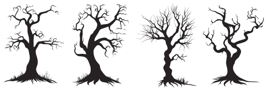 Set of four eerie twisted barren trees with tangled branches on white background spooky Halloween vector illustration black silhouette isolated